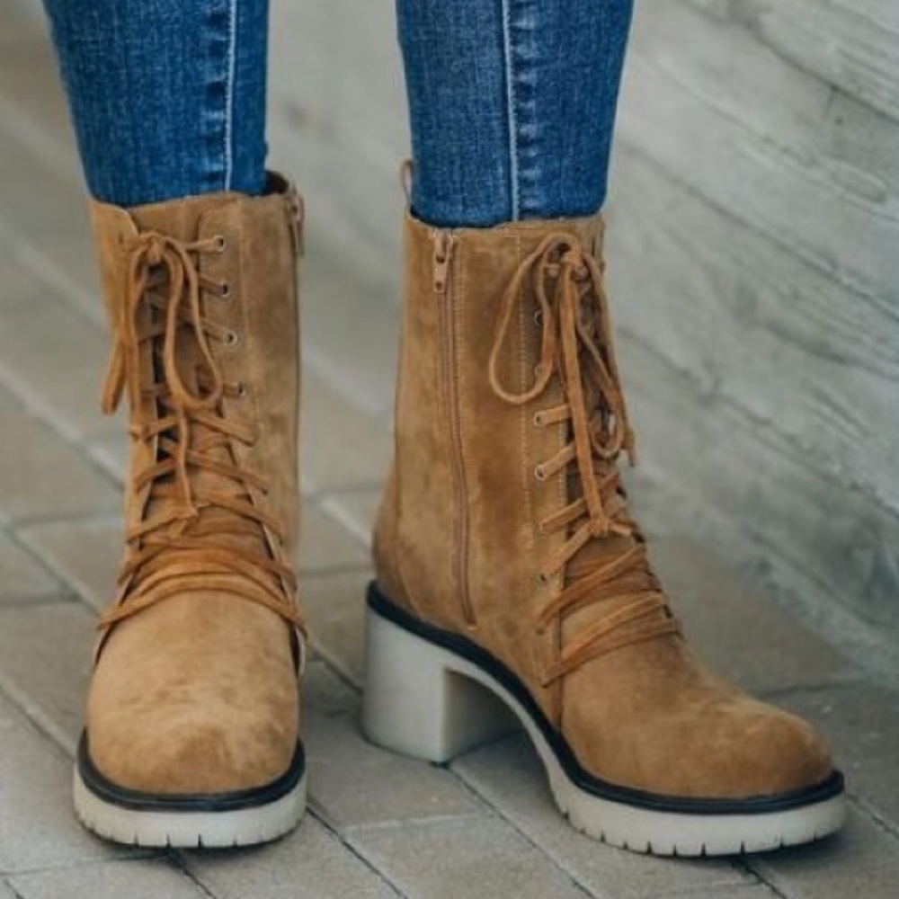 NWT Oasis Society Vegan Leather Suede Lace Up Chunky Boots Booties Camel Brown - Picture 3 of 7